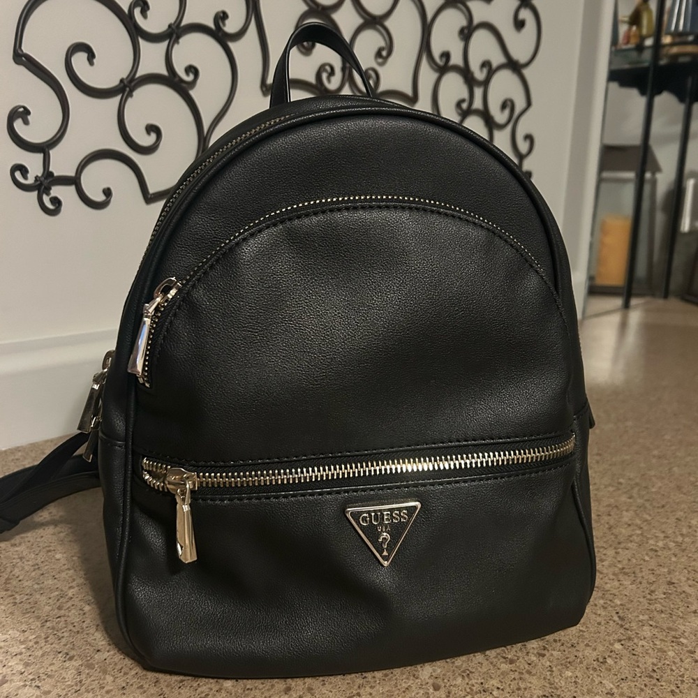 GUESS Black Leather Backpack with Gold Accents